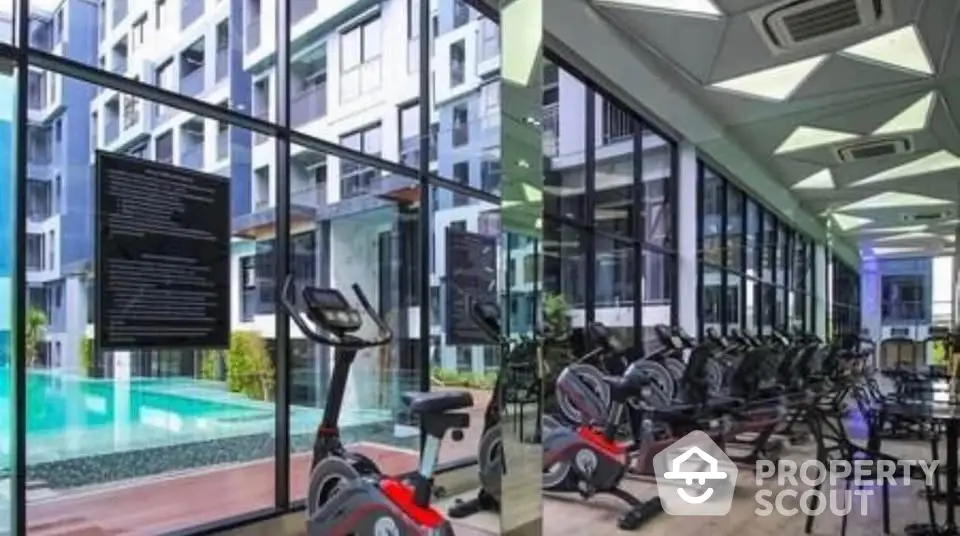 Modern gym with pool view in luxury condominium complex