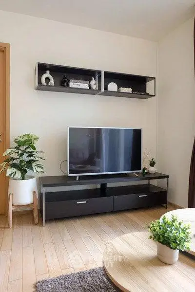 Modern living room with sleek TV stand and stylish decor