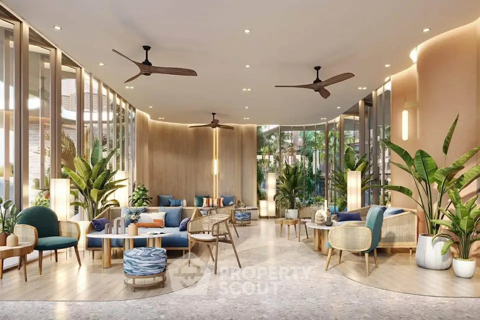 Luxurious modern living room with elegant decor and lush greenery