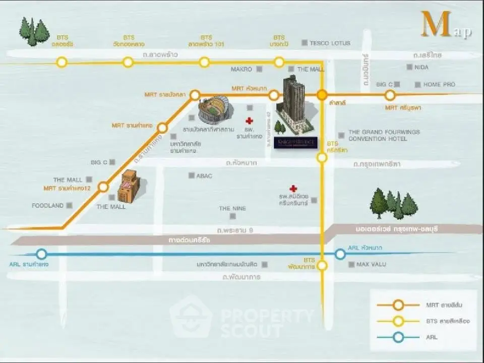 Map showing real estate location near MRT and BTS stations with nearby amenities.