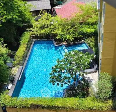 Stunning aerial view of a serene residential swimming pool surrounded by lush greenery, perfect for relaxation.