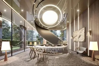 Luxurious modern lobby with stunning spiral staircase and elegant decor