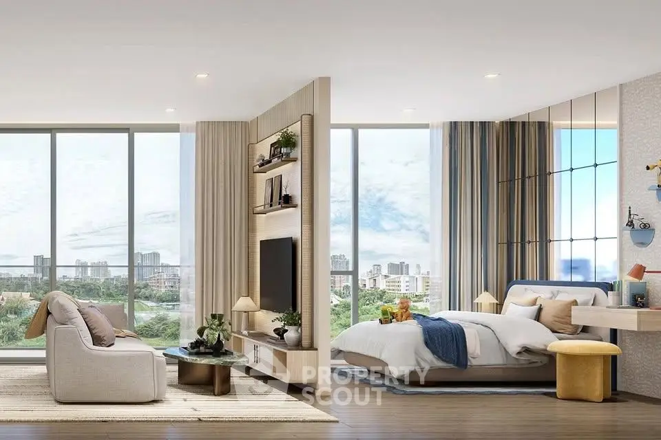 Luxurious modern bedroom with stunning city view and elegant decor
