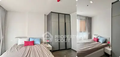 Modern bedroom with sleek wardrobe and cozy decor in a bright apartment.