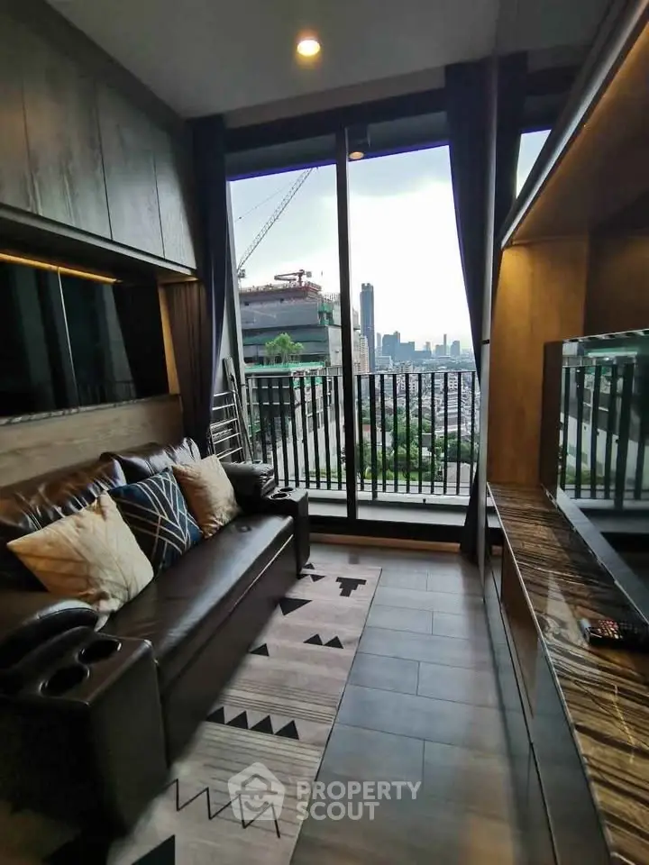 Modern living room with city view and stylish decor