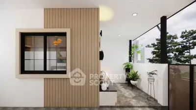 Modern balcony with stylish decor and lush greenery, perfect for relaxation and enjoying the view.