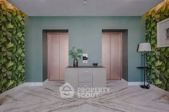 Luxurious building lobby with elegant elevators and stylish decor
