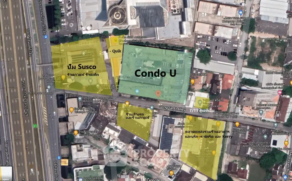 Aerial view of Condo U and surrounding area with highlighted zones.