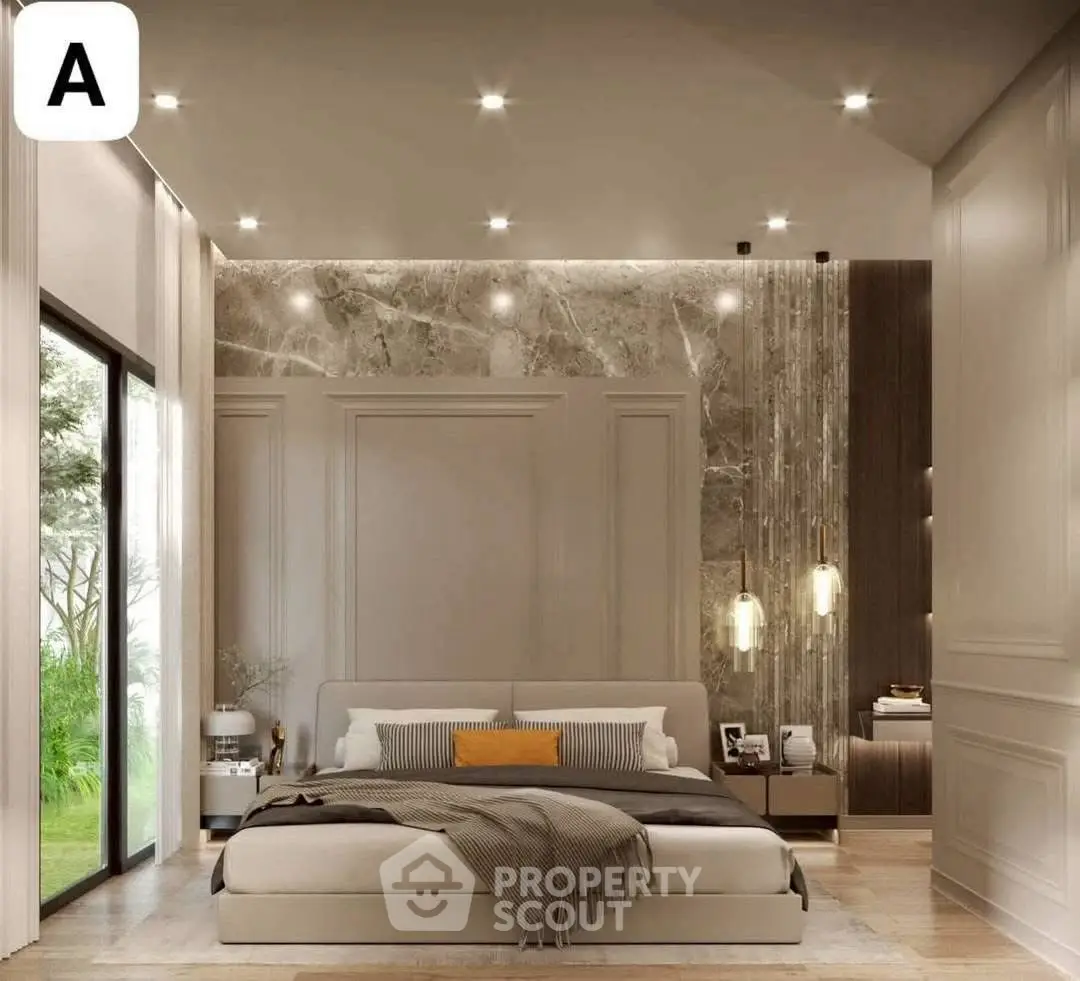 Luxurious modern bedroom with elegant lighting and large windows overlooking greenery.