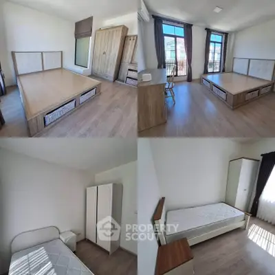 Spacious and bright bedroom with modern furniture and large windows.