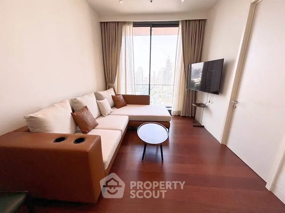 Modern living room with city view, stylish sofa, and wall-mounted TV