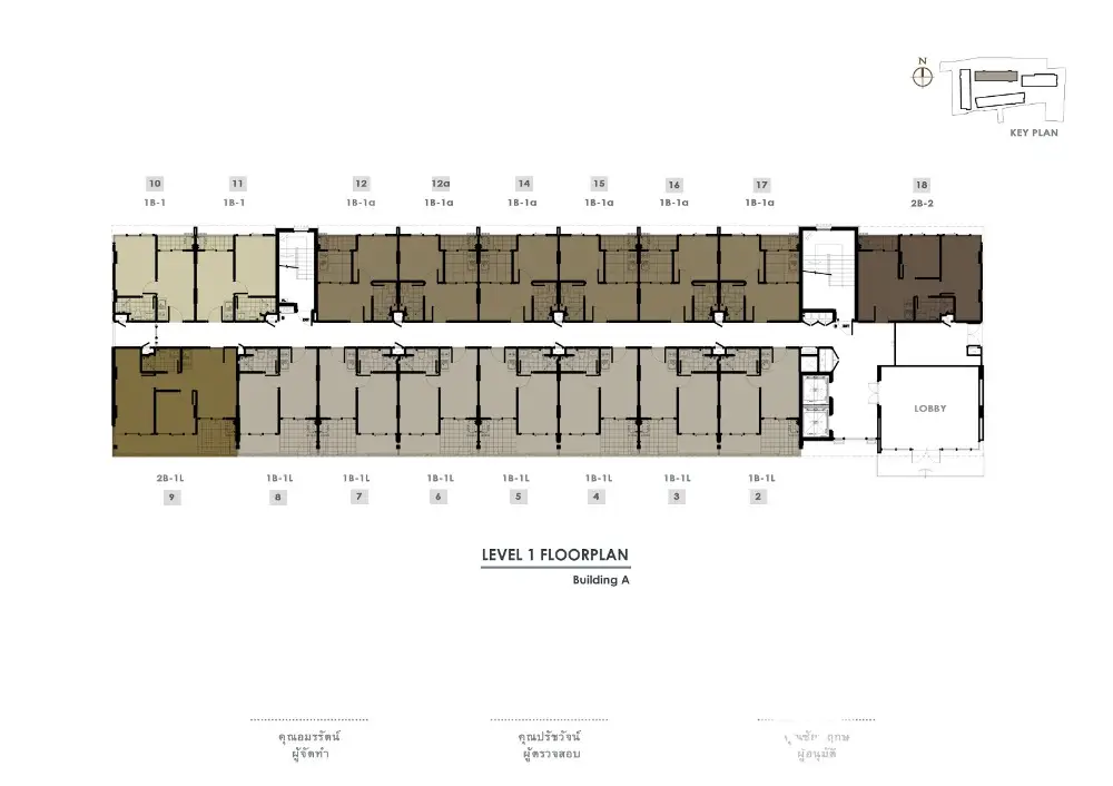 Detailed floor plan of Level 1 in Building A with lobby and multiple units.