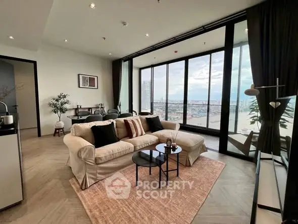 Luxurious living room with panoramic city view and elegant decor