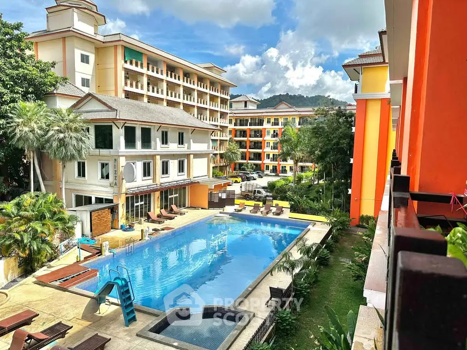Luxurious apartment complex with a stunning outdoor pool and lush landscaping.