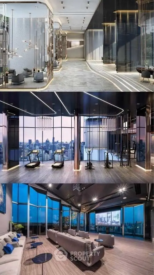 Luxurious modern interiors with panoramic city views and sleek design elements.