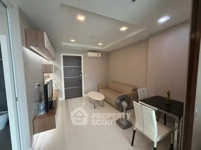 Modern living room with sleek furniture and ambient lighting