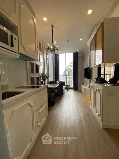 Luxurious modern kitchen with open layout and city view