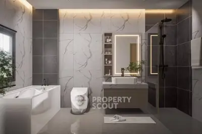 Luxurious modern bathroom with marble tiles and elegant fixtures