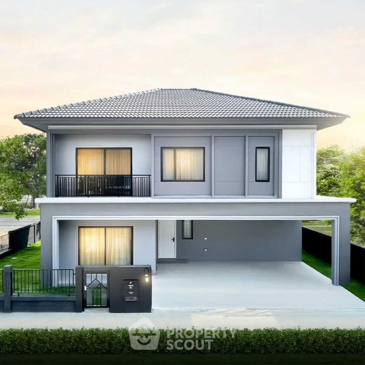 Modern two-story house with sleek design and spacious driveway