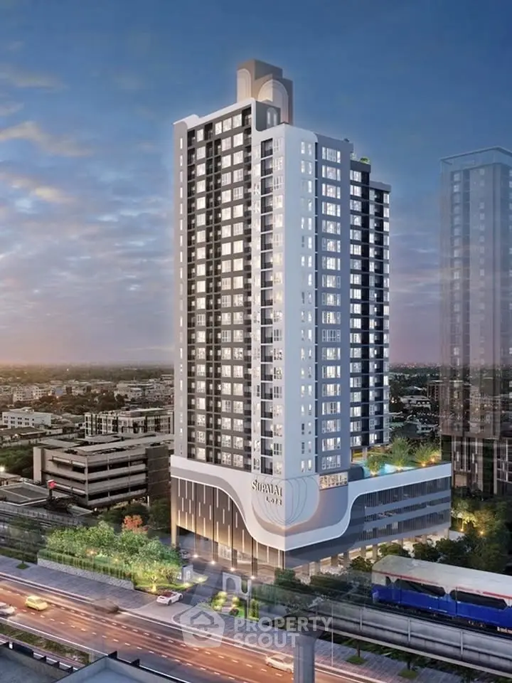 Stunning high-rise building with modern architecture and panoramic city views at sunset.