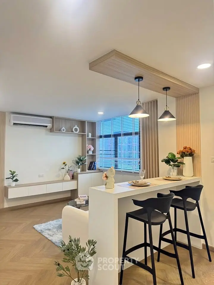 Modern living room with stylish bar counter and elegant decor