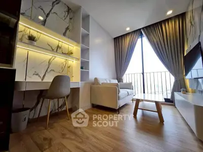 Modern living room with elegant marble accents and a cozy balcony view.