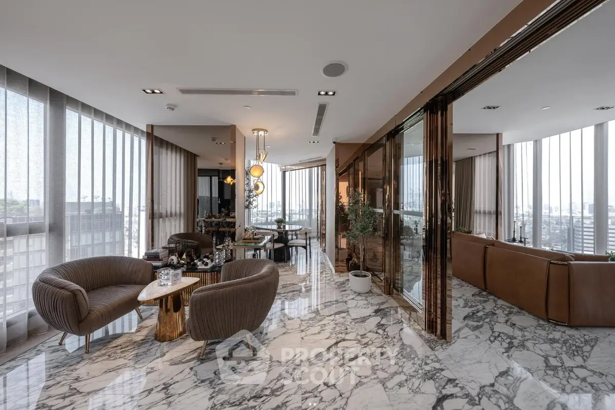 Luxurious modern living room with marble flooring and panoramic city views