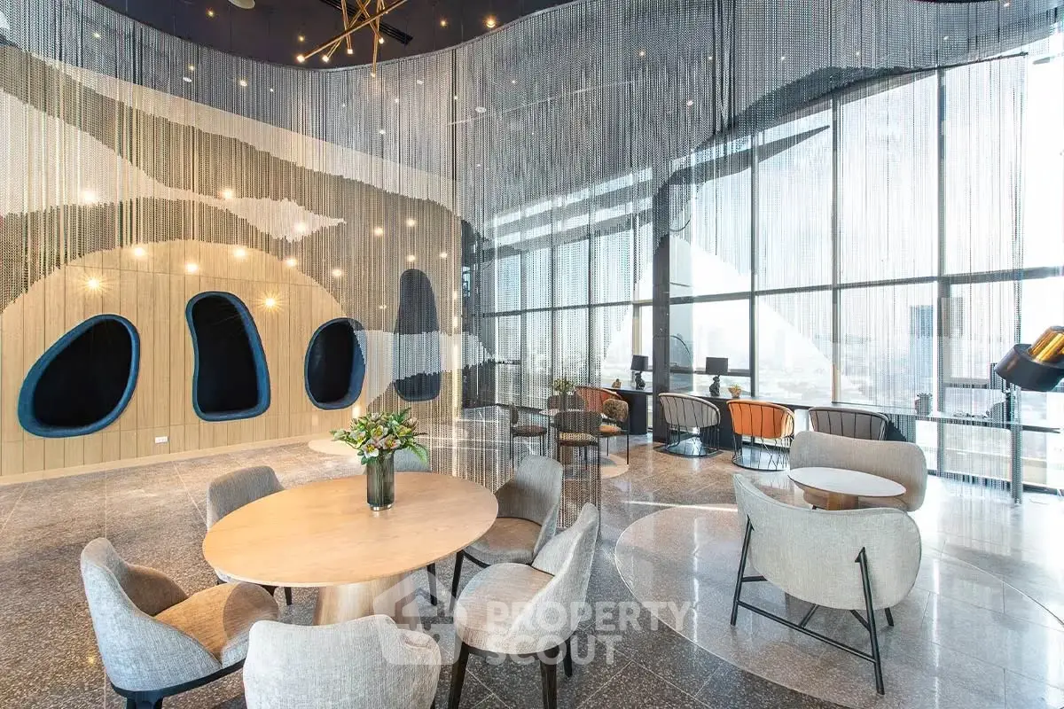 Luxurious modern living room with panoramic city views and stylish decor