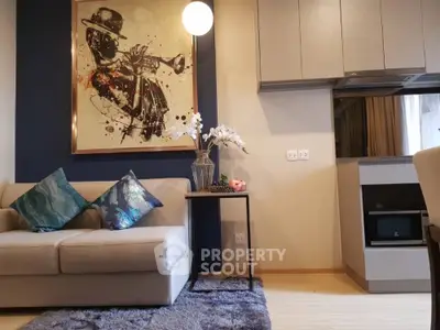 Modern living room with stylish decor and cozy sofa in contemporary apartment