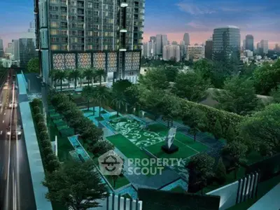 Luxurious urban high-rise with lush landscaped gardens and stunning city skyline view.