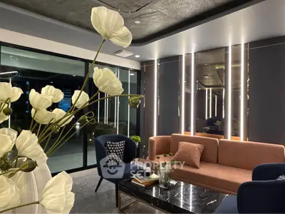 Luxurious modern living room with elegant decor and ambient lighting