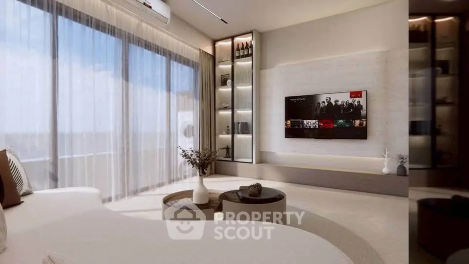Luxurious modern living room with large windows and elegant decor