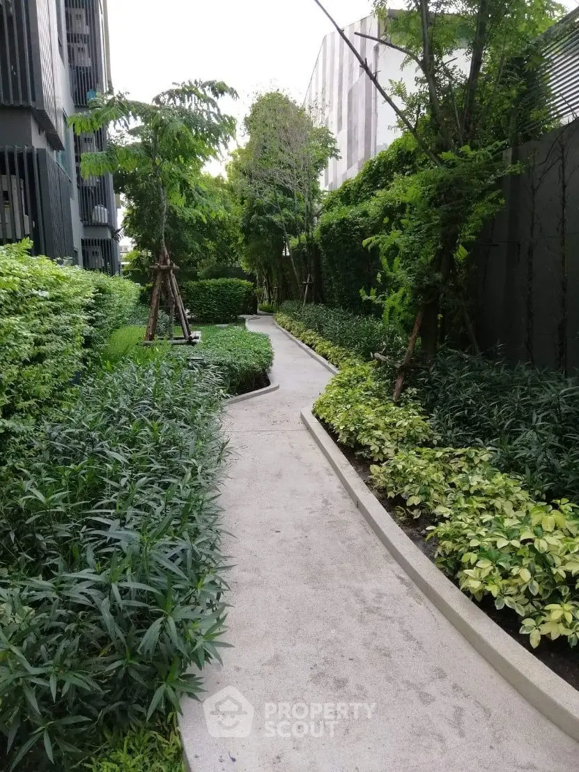 Serene garden pathway with lush greenery in modern residential complex