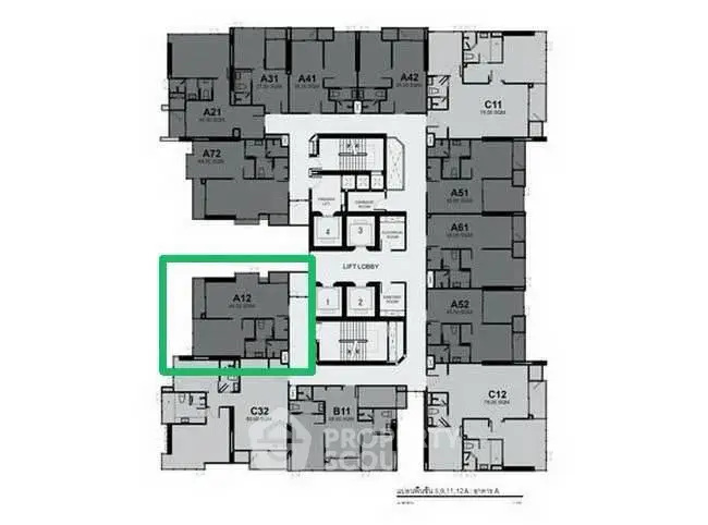 Floor plan layout of a modern apartment building highlighting unit A12.