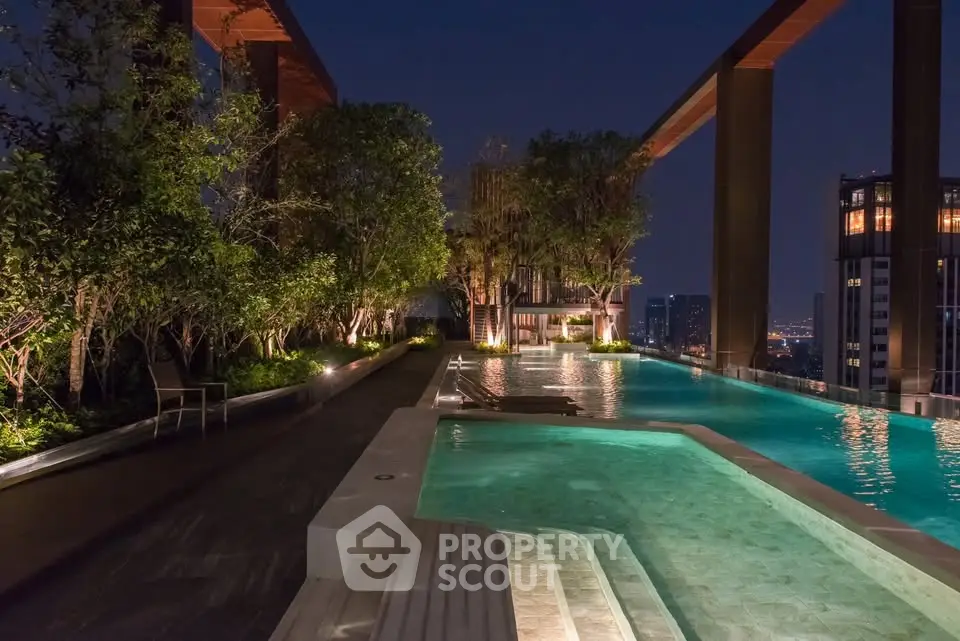 Luxurious rooftop pool with stunning city views and lush greenery at night.