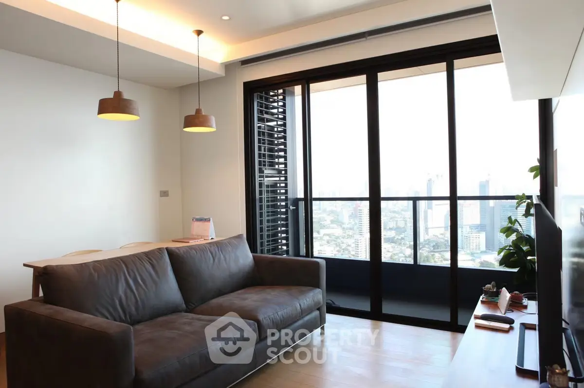 Modern living room with city view and stylish decor