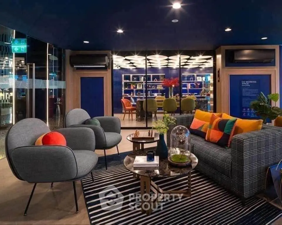 Stylish modern living room with vibrant decor and cozy seating area