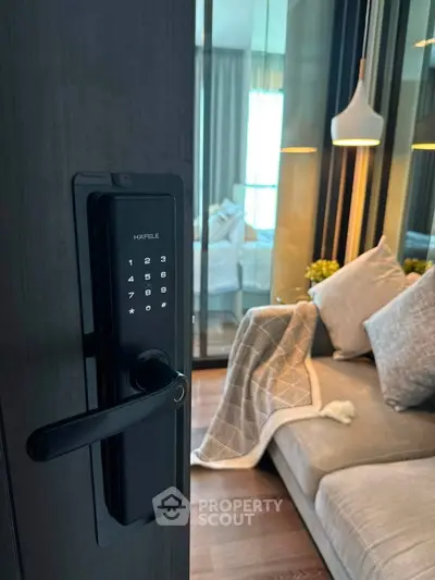 Modern living room with smart lock and cozy decor, perfect for urban living.