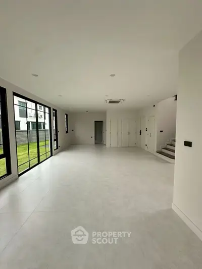 Spacious modern living room with large windows and minimalist design