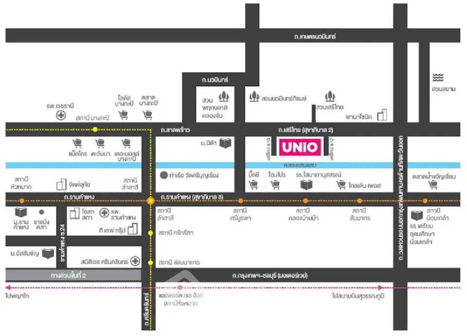 Detailed map showcasing UNIO real estate location with nearby amenities and streets.