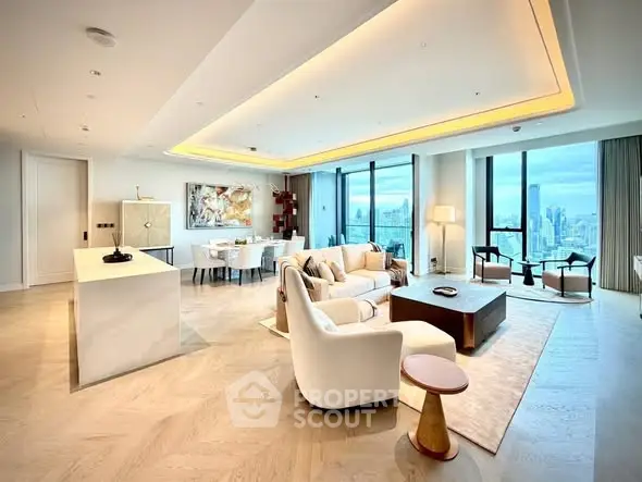 Luxurious open-plan living room with stunning city views and modern decor