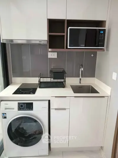 Modern compact kitchen with appliances including washing machine and microwave, ideal for urban living.