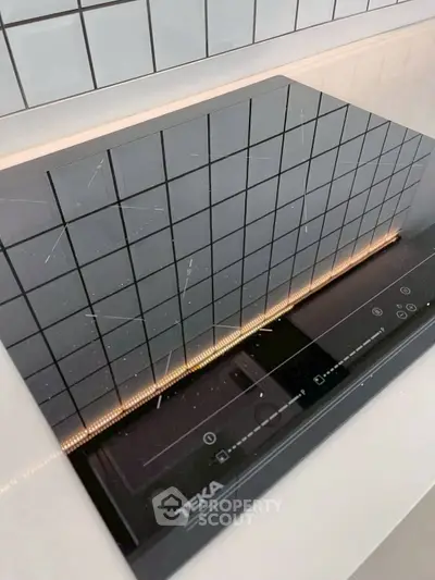 Modern kitchen with sleek Teka induction cooktop and stylish tile backsplash.