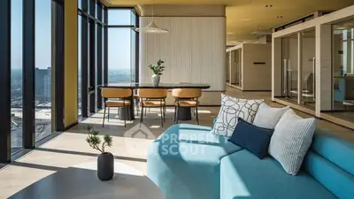 Modern living room with panoramic city view and stylish furniture