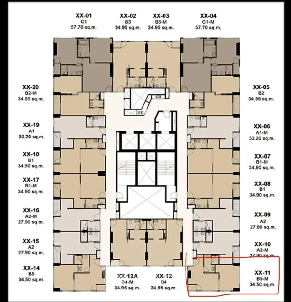 Detailed floor plan of a modern apartment building with unit sizes and layout.