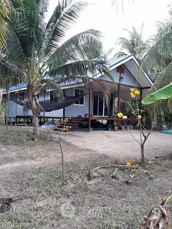Charming tropical bungalow with spacious porch surrounded by lush palm trees, perfect for serene living.