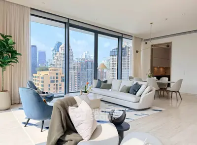 Luxurious modern living room with panoramic city views and elegant furnishings.