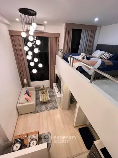 Modern loft apartment with stylish living room and cozy bedroom on mezzanine