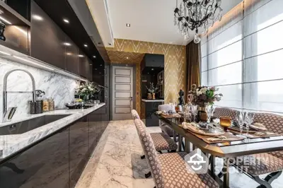 Luxurious kitchen with elegant dining area, marble countertops, and stylish decor