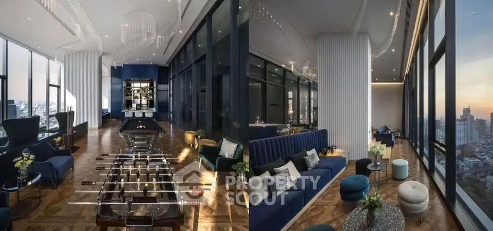 Luxurious high-rise living room with panoramic city views and elegant modern decor.